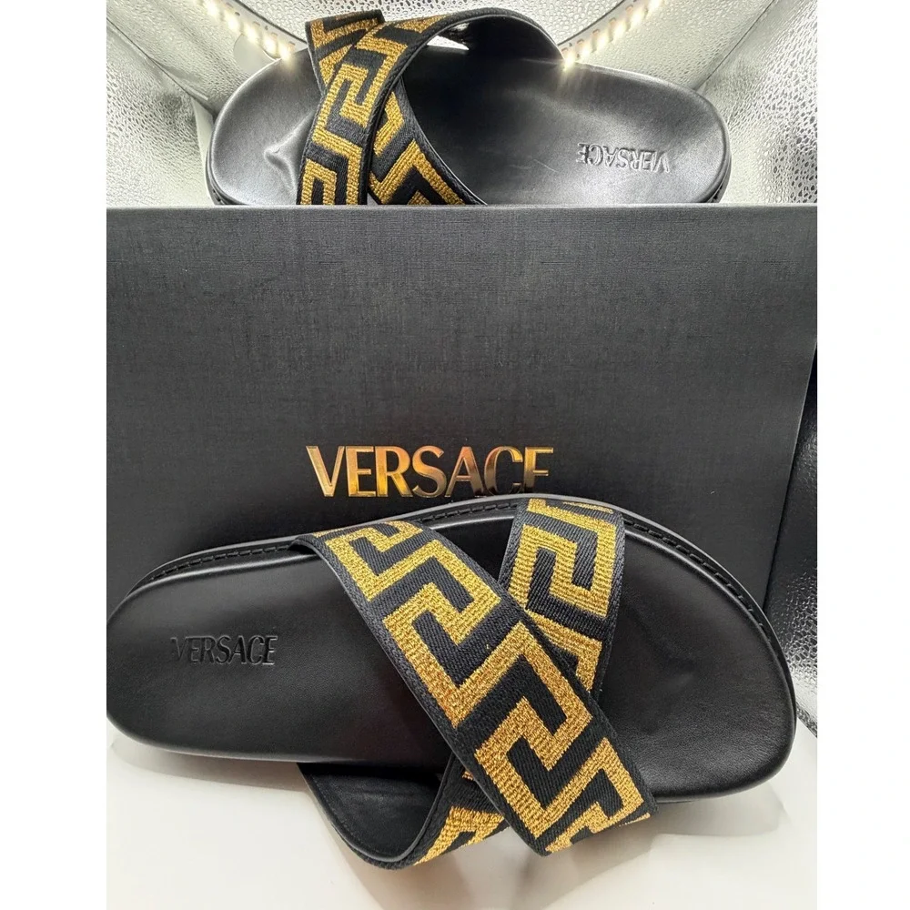 Versace Mens Greca Cross Strap Slides Black Gold Metallic Sandals Size 43 Spain